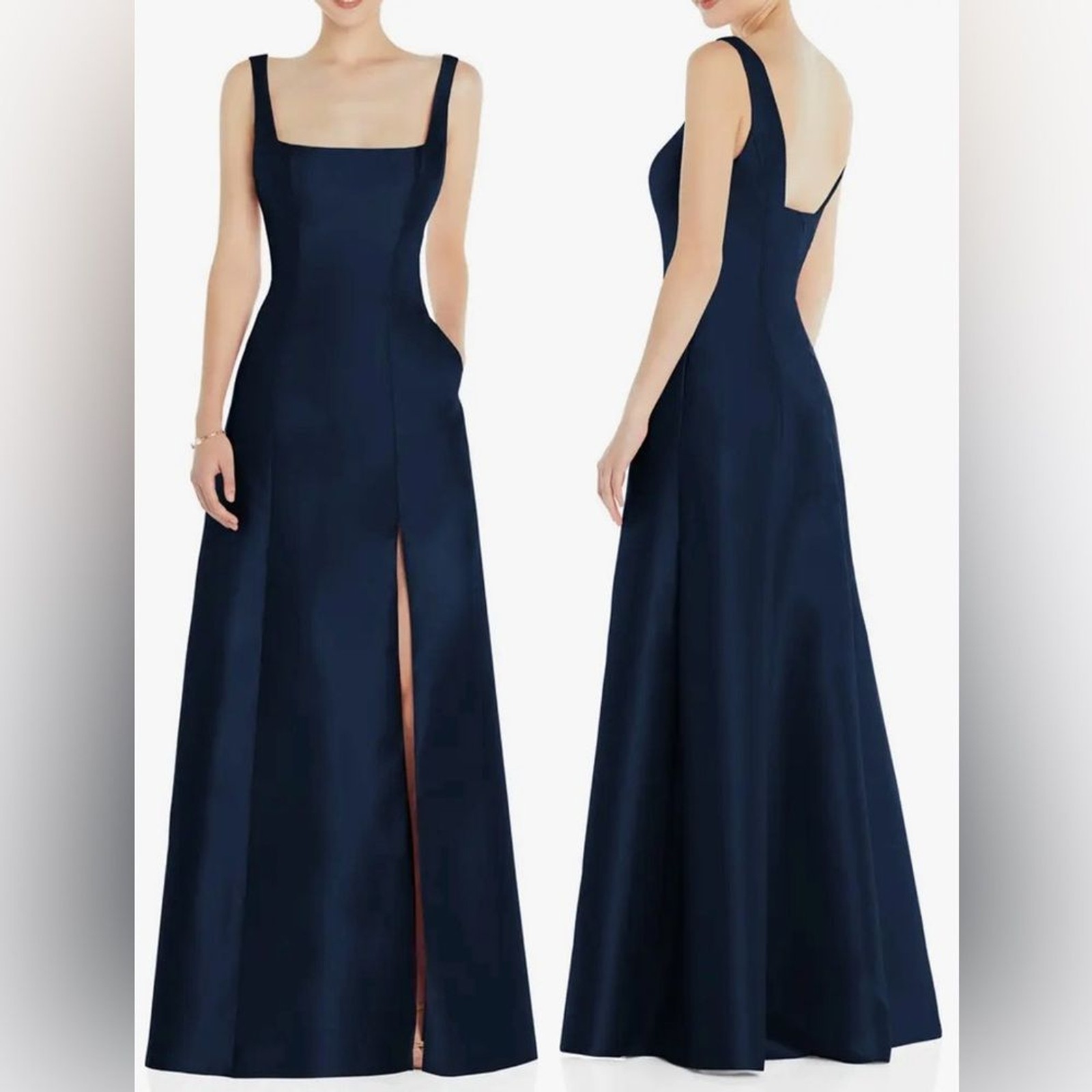 New Alfred Sung Square Neck Satin A-Line navy blue Gown D826 Sz 6