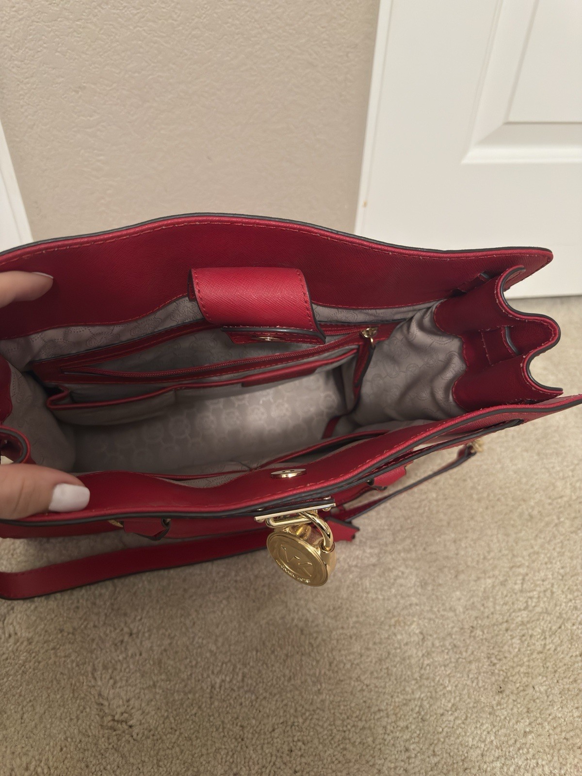 Michael Kors Red Medium Satchel Top Handle Bag Chain Strap Gold Hardware Lock
