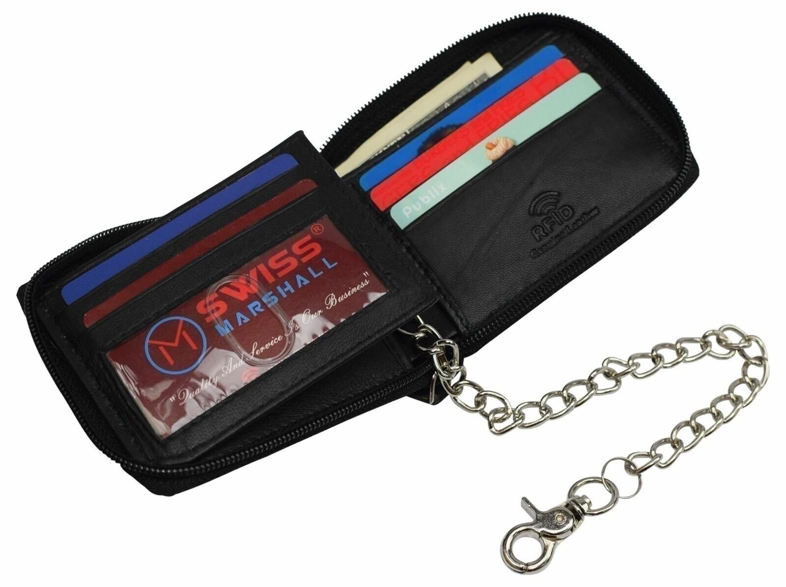Men’s Zipper RFID Blocking Premium Leather Zip-Around ID Bifold Biker Chain Wall