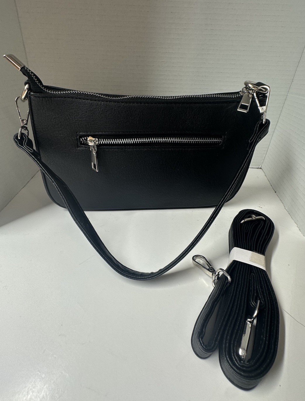 Black Faux Leather Shoulder Bag with Extra Strap Silver Zip Accent Small Purse