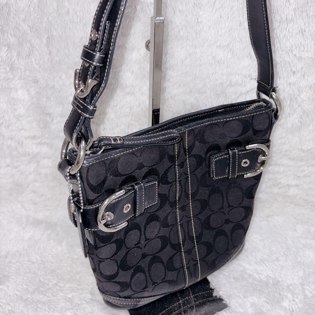 COACH Signature Canvas Shoulder Bag Black Leather Buckle Womens 12.6in 25cm