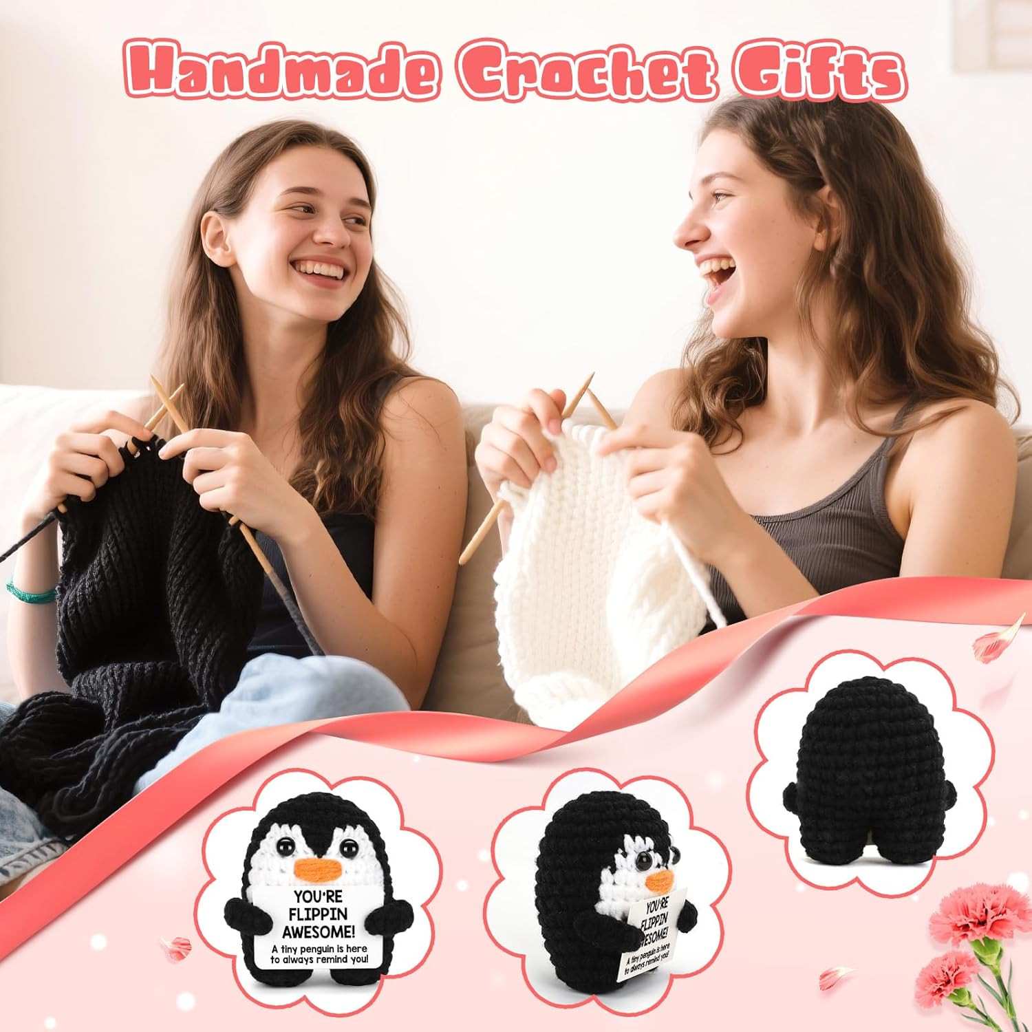 Positive Crochet Penguin, Mini Funny Brithday Valentines Gifts for Women Men Tee