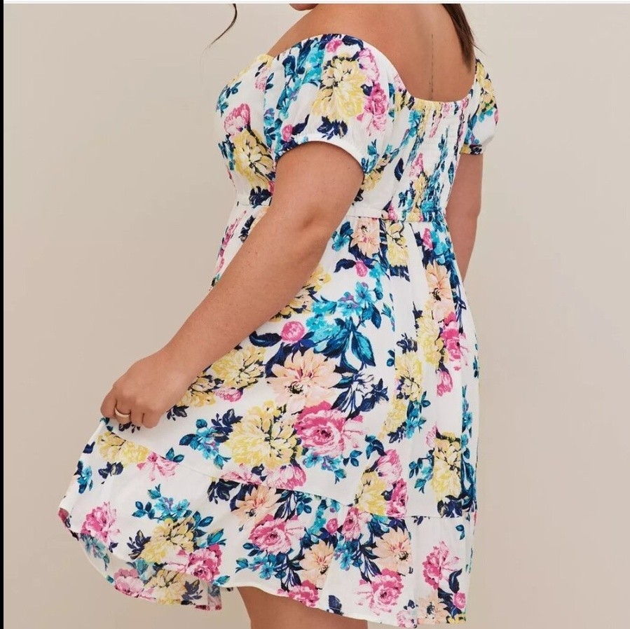 Torrid 00 White Multi Floral Mini Gauze Puff Sleeve Skater Dress NWT