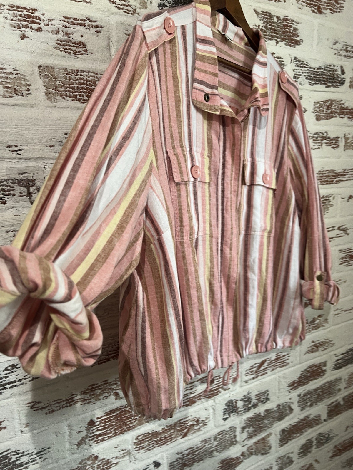 C EST 1946 Shirt Shacket Linen Blend Zip Up Roll Tab Sleeves Drawstring Hem