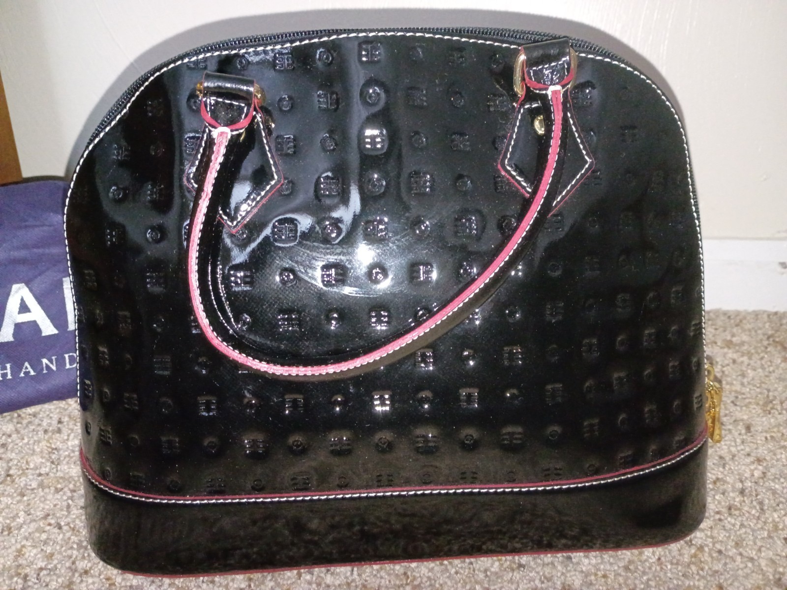 Arcadia Black Patent Pink Trim Zip Top Handle Satchel, Made in Italy, Dust Bag