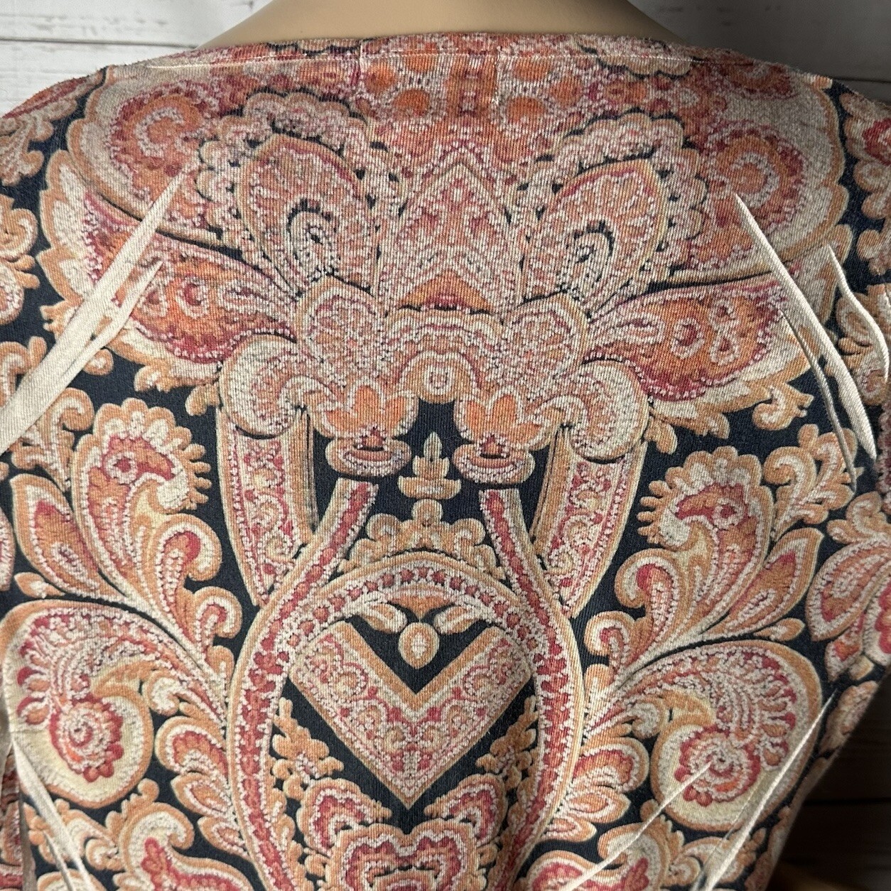 Vintage 90s One World Tunic Large Pink Tan Black Orange Paisley Rhinestone Shirt