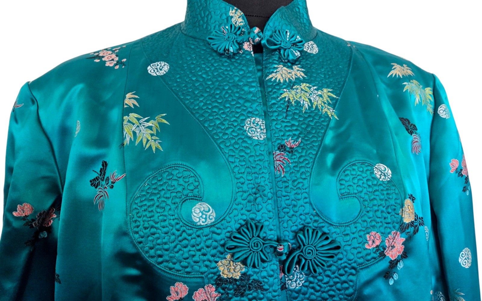 Vintage Peony Floral Embroidery Asian Print Silk Brocade Robe Dress Size L / XL