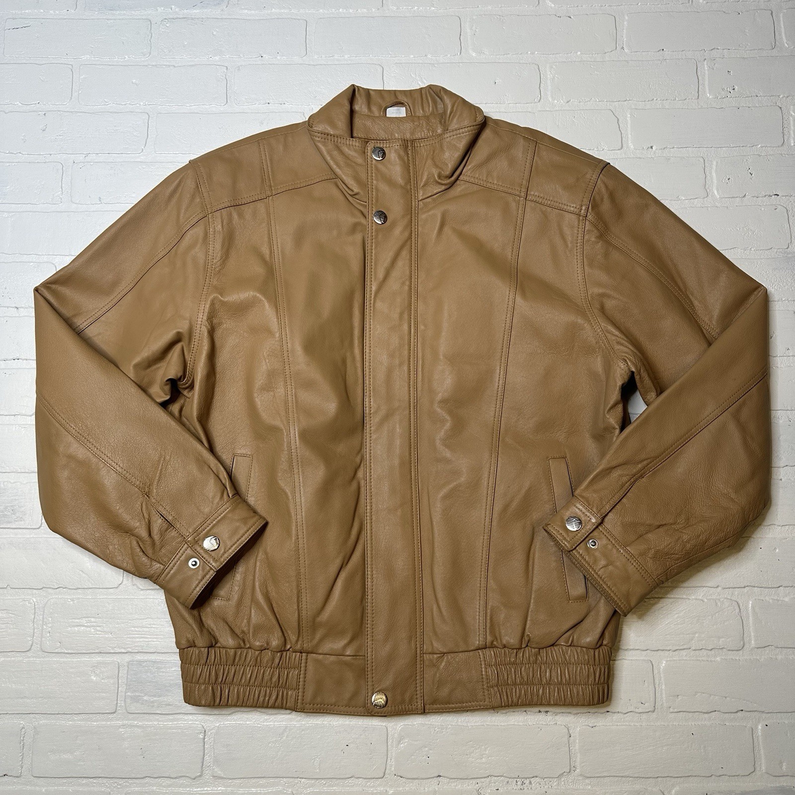 Beige Leather Jacket Men Bomber Flight Size Large