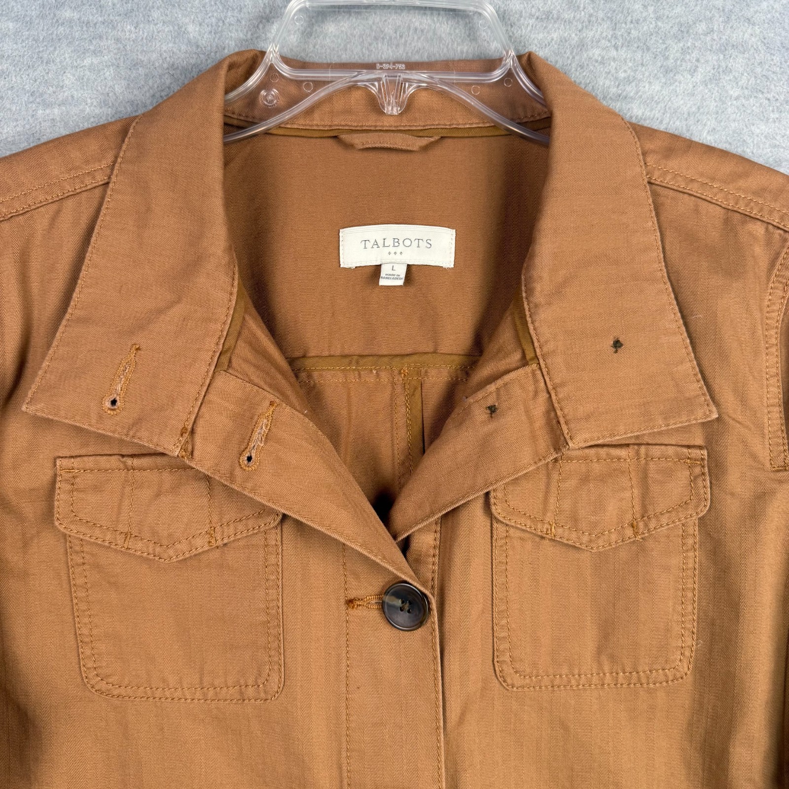 Talbots L Herringbone Twill Safari Utility Jacket Caramel Brown Field Coat