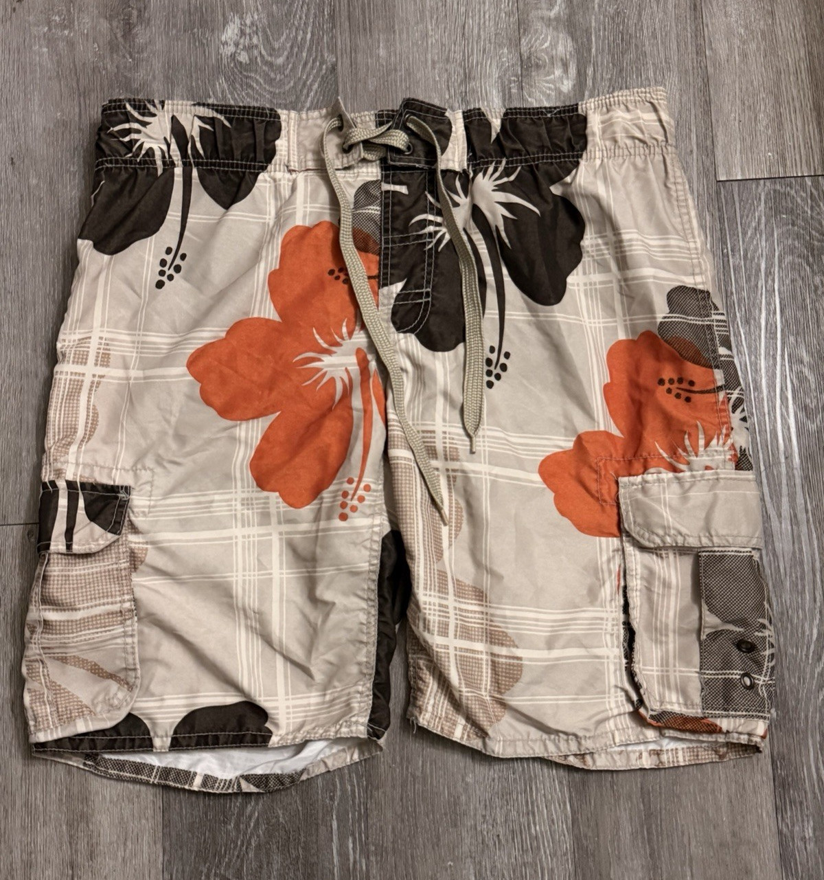 Arizona Men’s Size M Beige Orange Black Floral Swim Trunks Drawstring Pockets