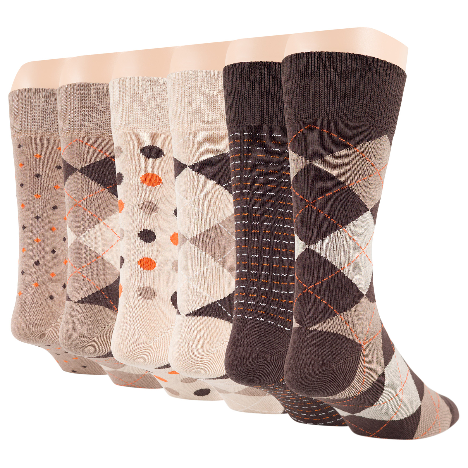 Men Cotton Dress Socks 6 Pack Large Argyle Polka Dot Stripes Beige Tan Brown