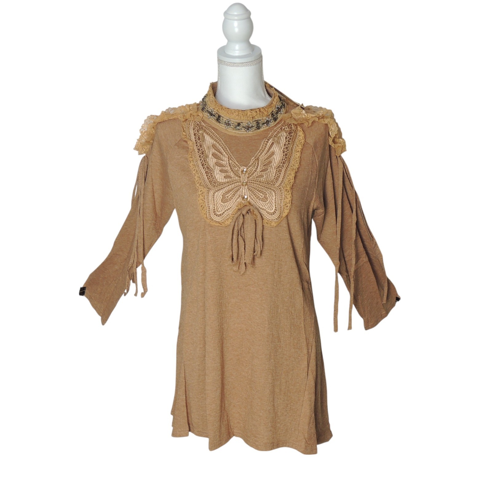 Pretty Angel Top Long Sleeve Butterfly Tunic With Lace Beaded Accents Brown S