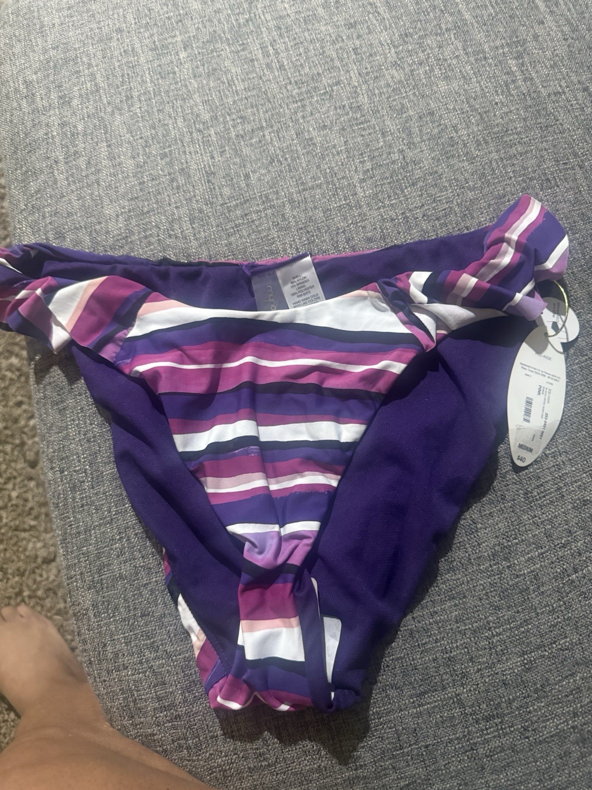 Mynah Women’s Striped Bikini Swim Bottom Purple/Pink/White Mid-Rise Regular M