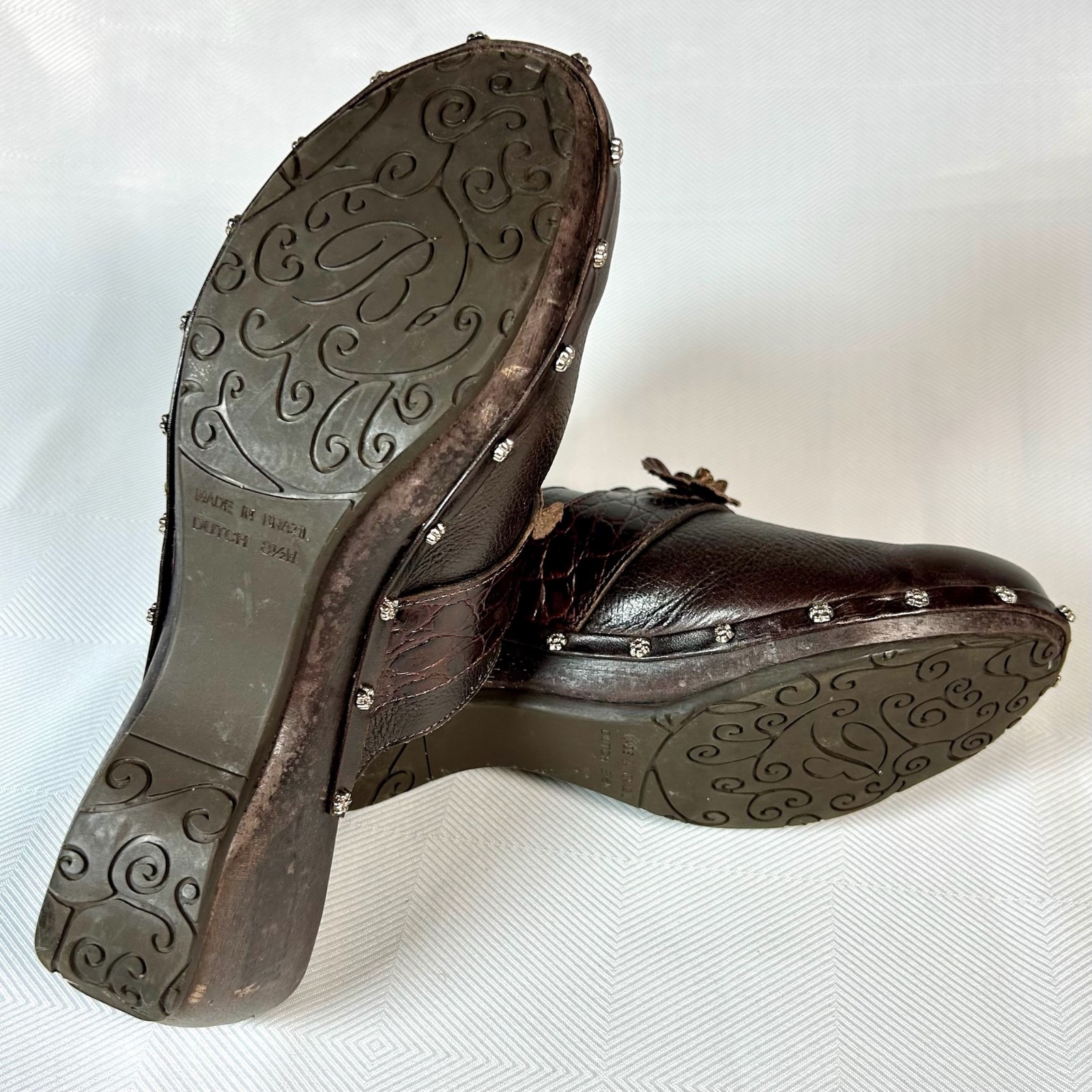Brighton Dutch Clogs US 8.5 EU 39 Leather Mules Studded 3D Flower Brown READ