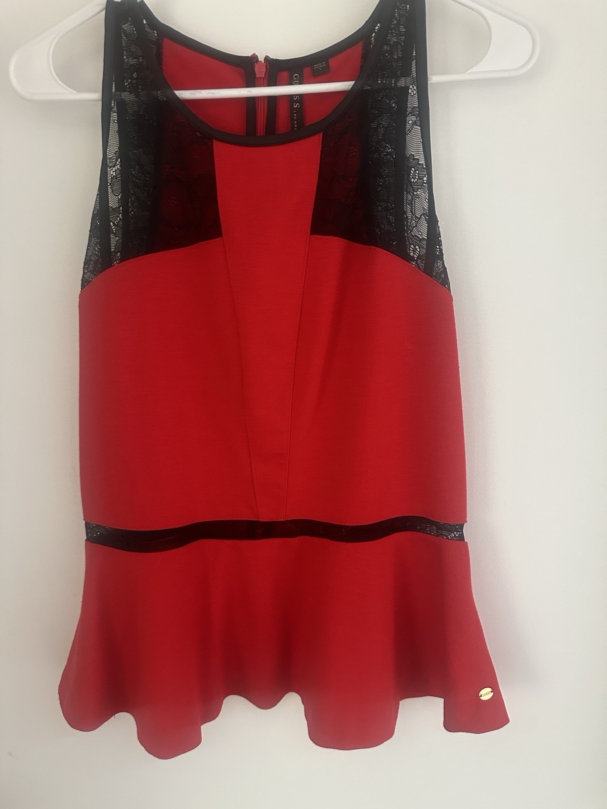 Guess Women’s Red Strappy Cutout Peplum Blouse Top Size L