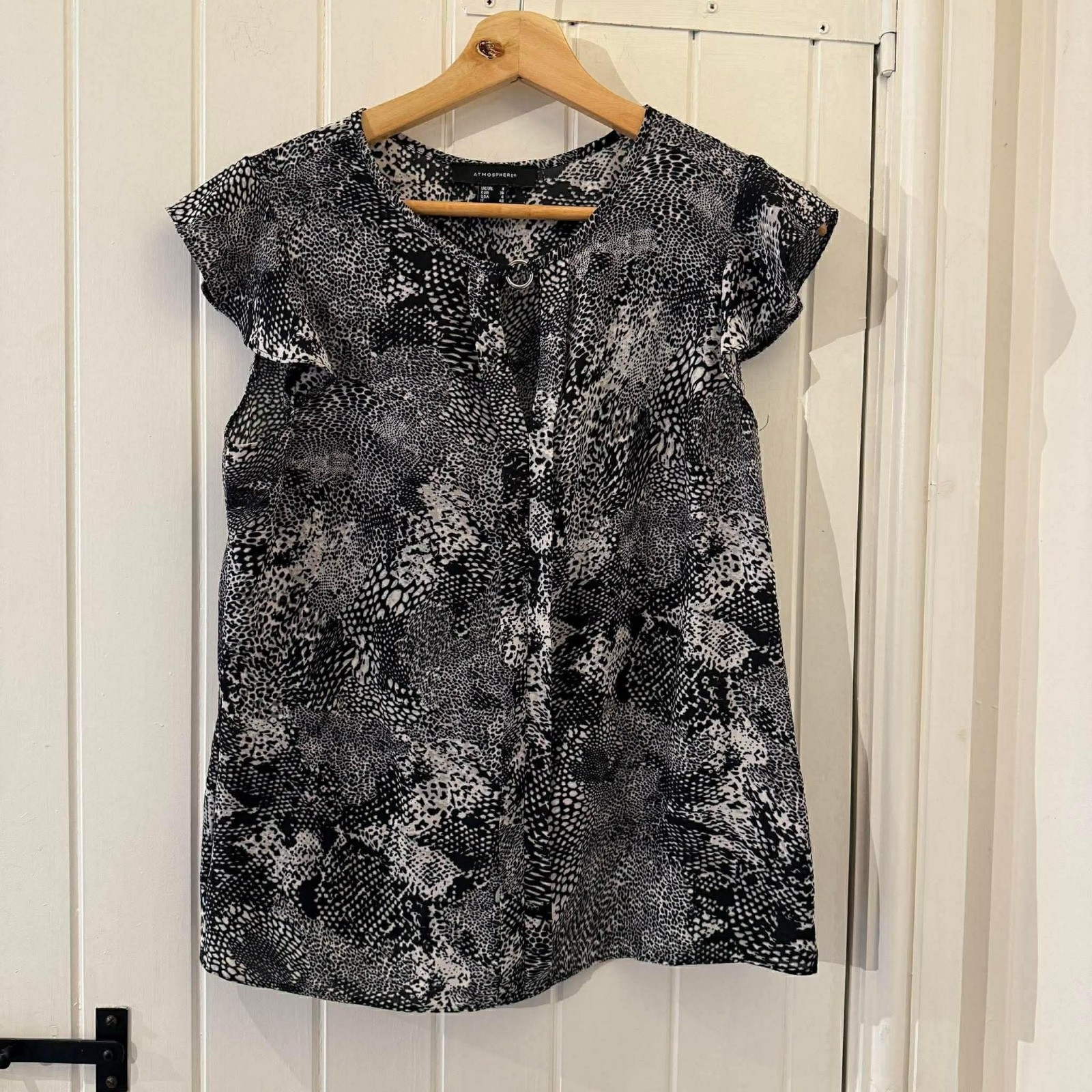 Atmosphere Black & White Animal Print Blouse Short Butterfly Sleeves UK 8