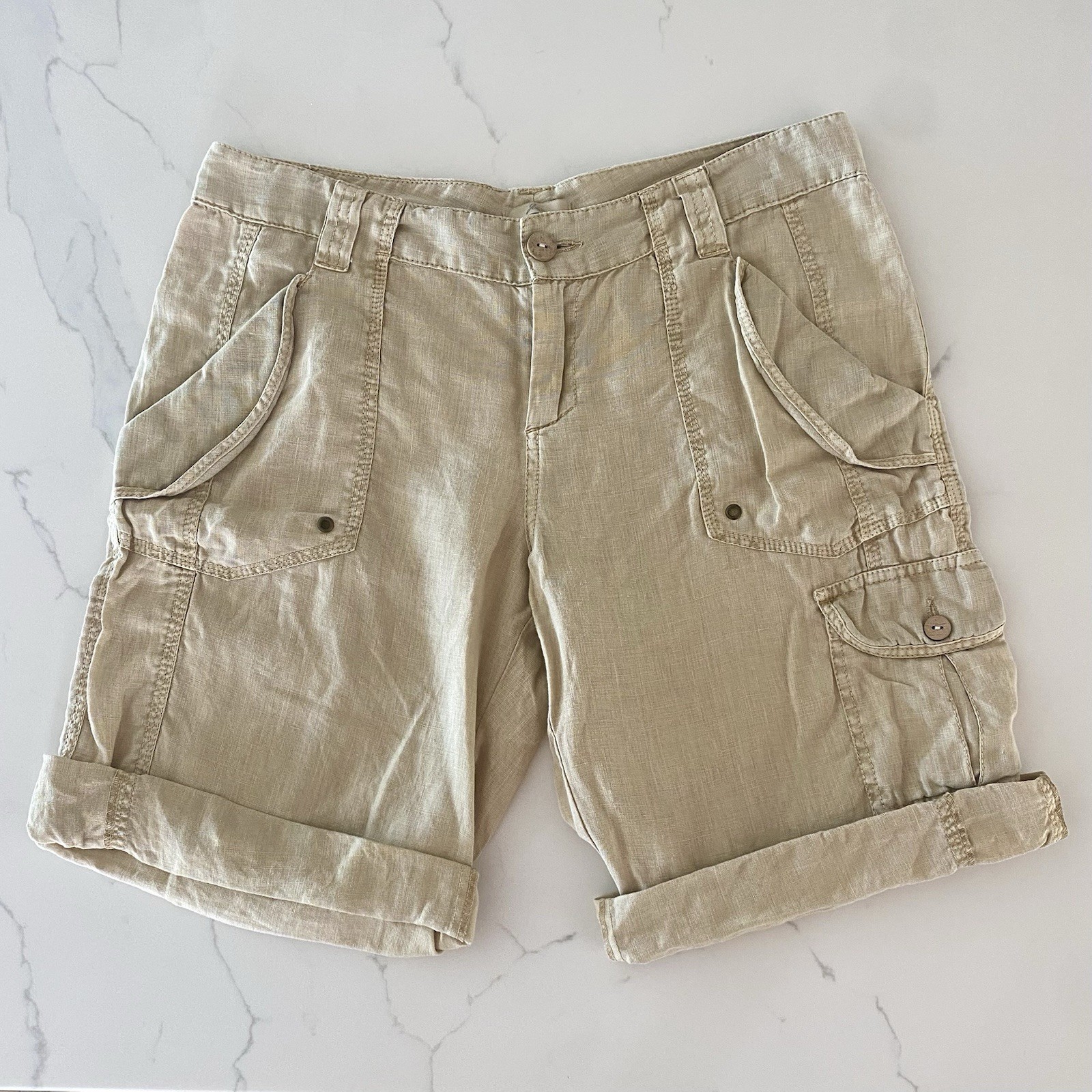 Joie 100% Linen Cargo Shorts Beige Khaki Cuffed Utility Boho Beachy, size 4