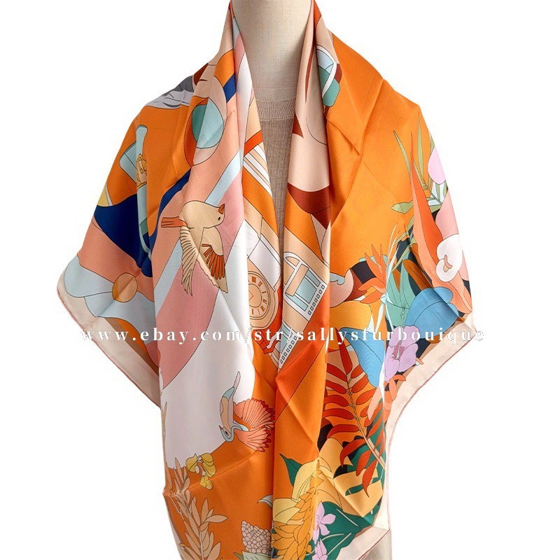 Sally 100% Twill Silk Wrap Scarf Stole Flower Horse Print Large Square Shawl 53″