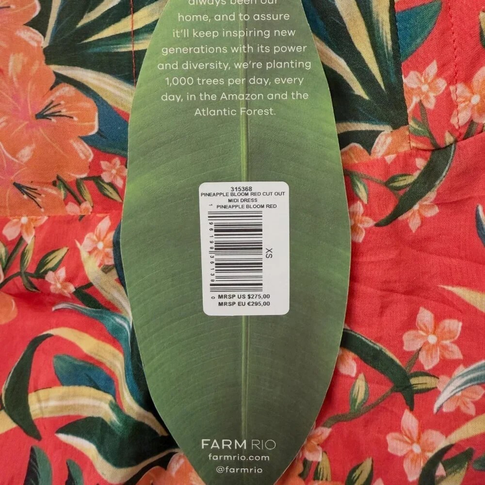 NWT Farm Rio Pineapple Bloom Red Cut Out Midi Dress Puff Sleeve Sz XS $275