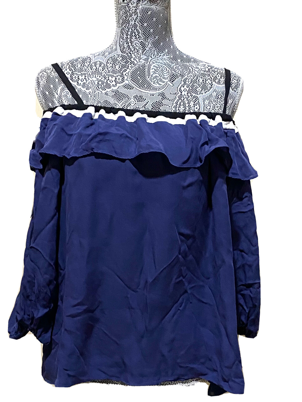 Parker Silk Tunic Top Blue Off Shoulder Ruffle Overlay Spaghetti Strap Shirt