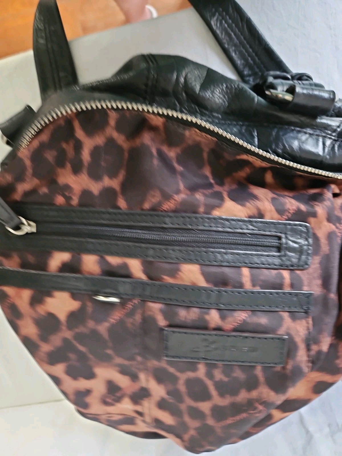 B Makowsky Black Leather Bag Purse Silvertone Hardware Animal Print Lining