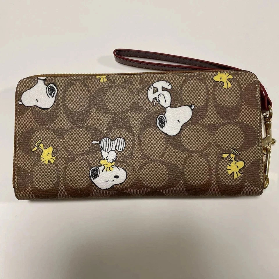COACH x PEANUTS Long Zip around Wallet Snoopy Woodstock Khaki Signature