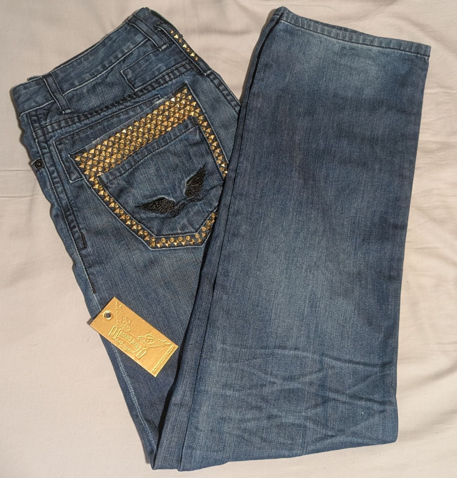 Robin’s Jean rare discontinued waist 34 gold studded back Pockets medium wash