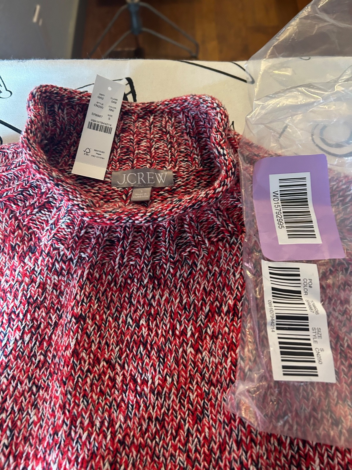 NWOT J.Crew 2025 Marled Rollneck™ Sweater in Red Navy Ivory Small CN250 $98