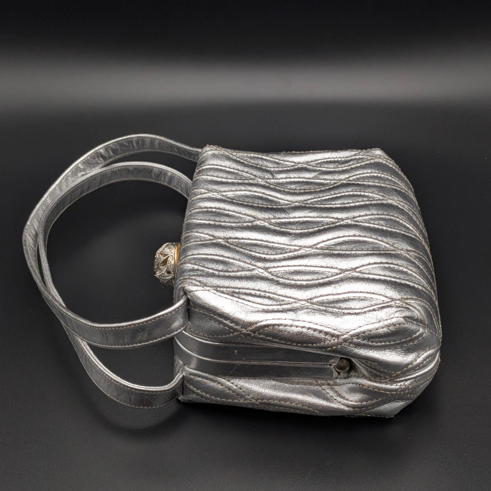 Morris Moskowitz Silver Metallic Evening Bag Quilted Embroidered Frame Purse