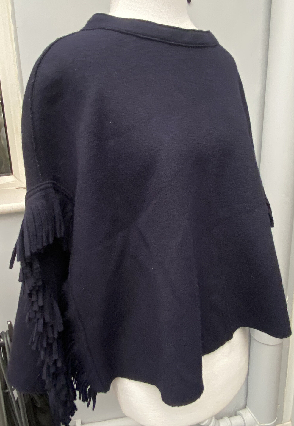 Rosso35 Italian Virgin Wool Navy Blue Fringed Poncho Cape BRAND NEW