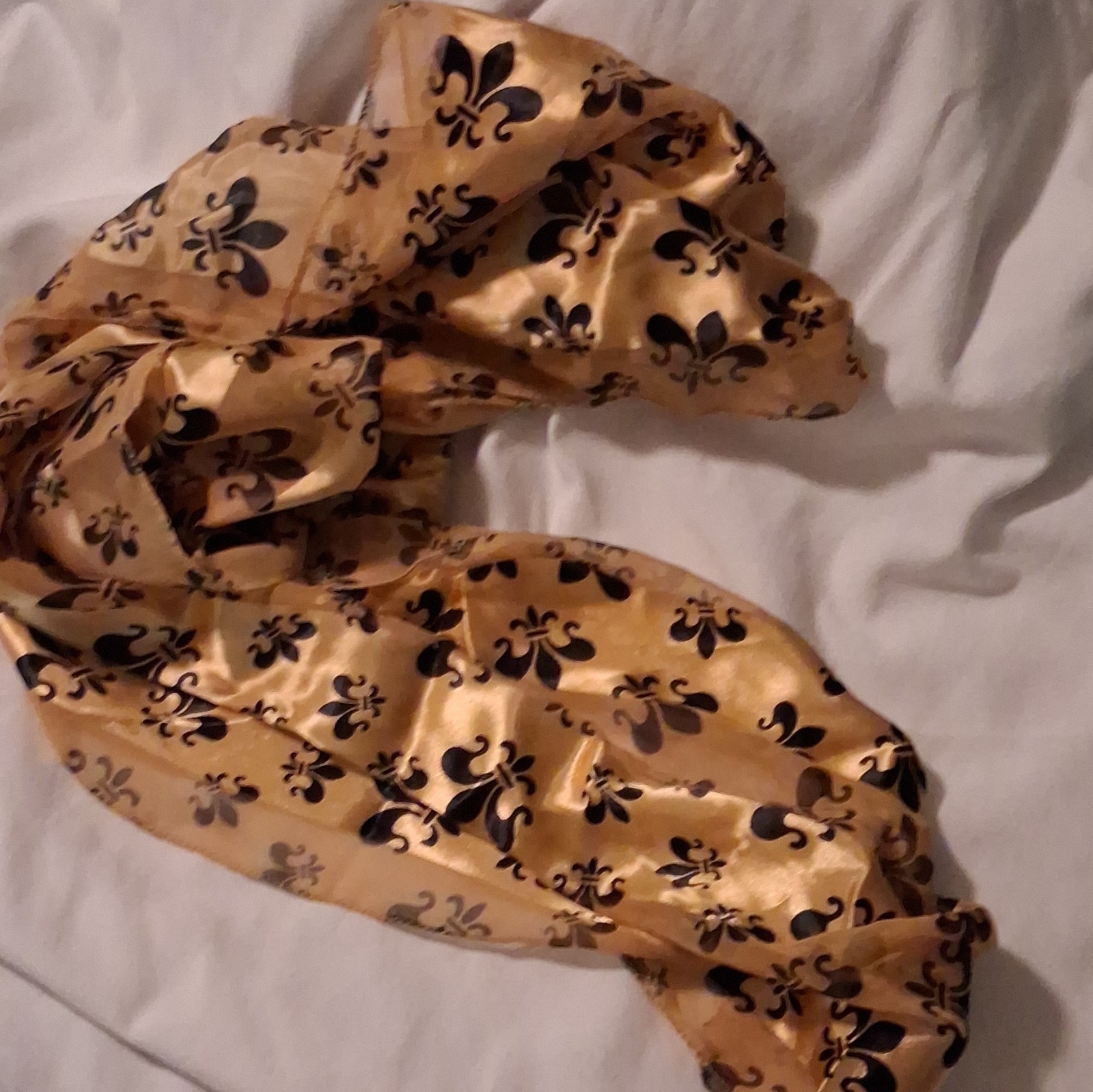 Gold Black Gray Satin Polyester Fleur-de-lis Women’s Scarf Wrap Hand Wash