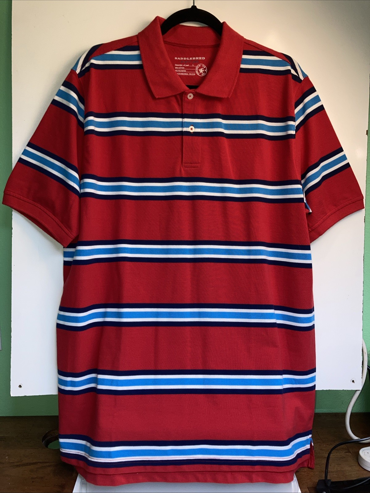Saddlebred Mens Polo Shirt Large Red With Black Blue White Colorful Stripes