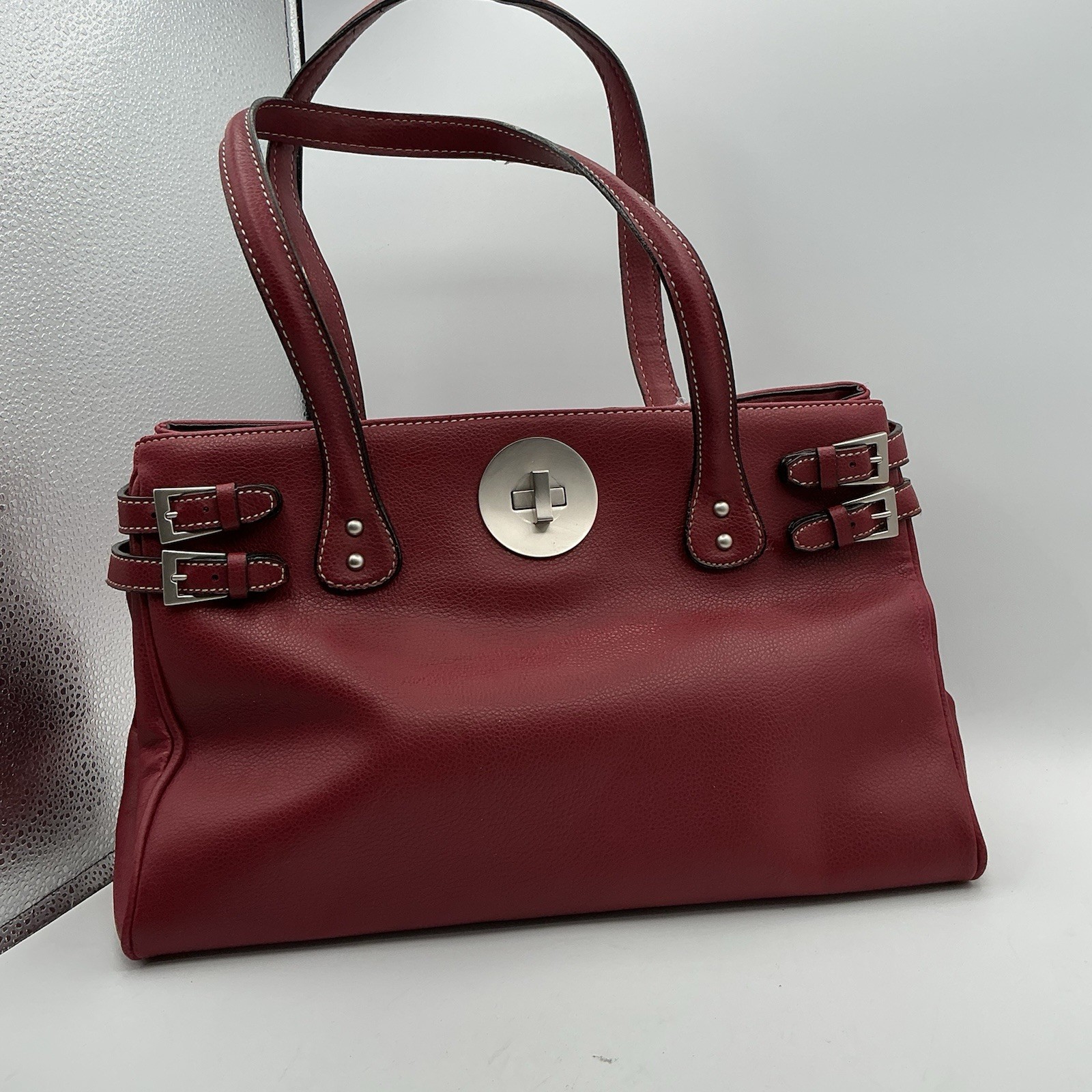 Burgundy Faux Leather Satchel Tote Handbag Buckle Accent Turn Lock Purse