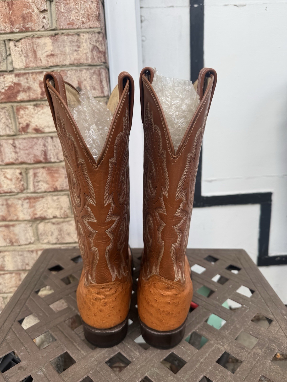 J. Chisholm Cowboy Boots Mens 12D Brown Good Full Quill Ostrich Leather USA Made
