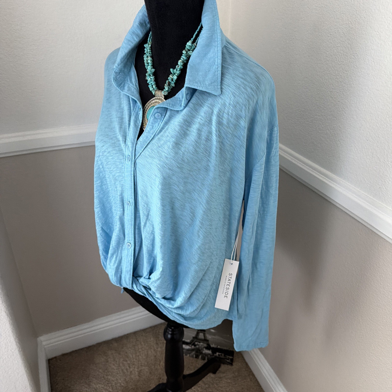 NWT Stateside 100% Supima Cotton Collared Twist Front Top Button Front Blue L