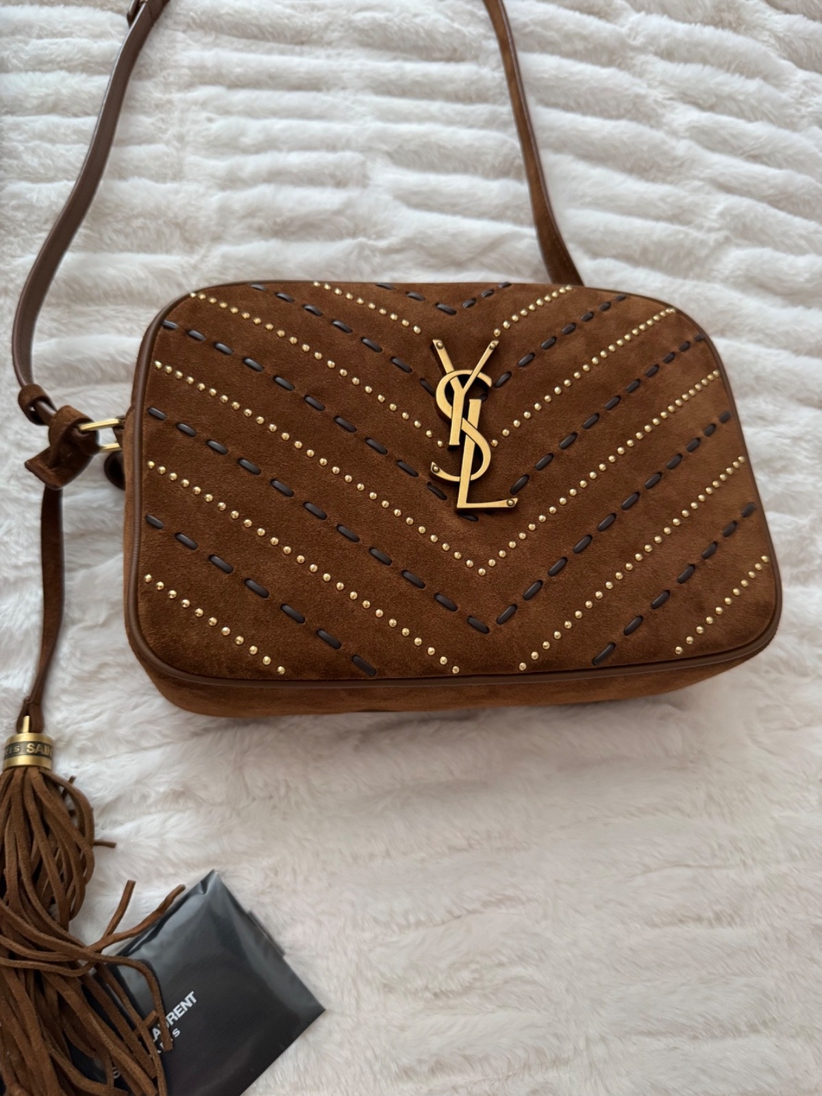 YSL LOU CAMERA BAG IN QUILTED YUMMY SUEDE. Gold bead accents and Whipstitched