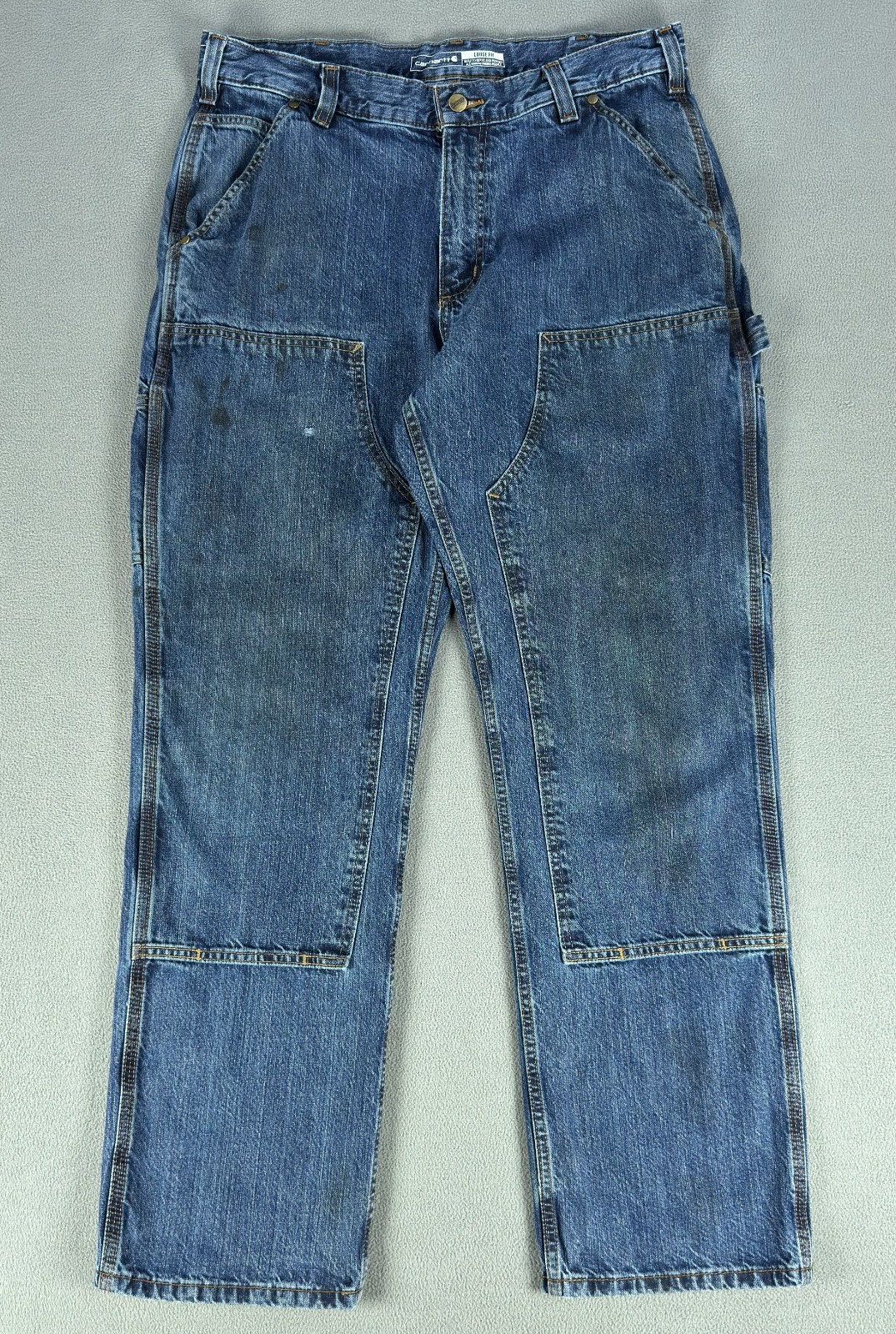 Carhartt Jeans 34×32 Blue Distressed Faded Stain Double Knee Dungaree Loose