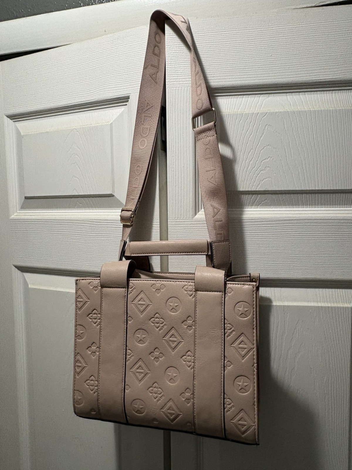 ALDO Pink Embossed Logo Satchel Top Handle Bag Shoulder Strap, Zip, Gold HW