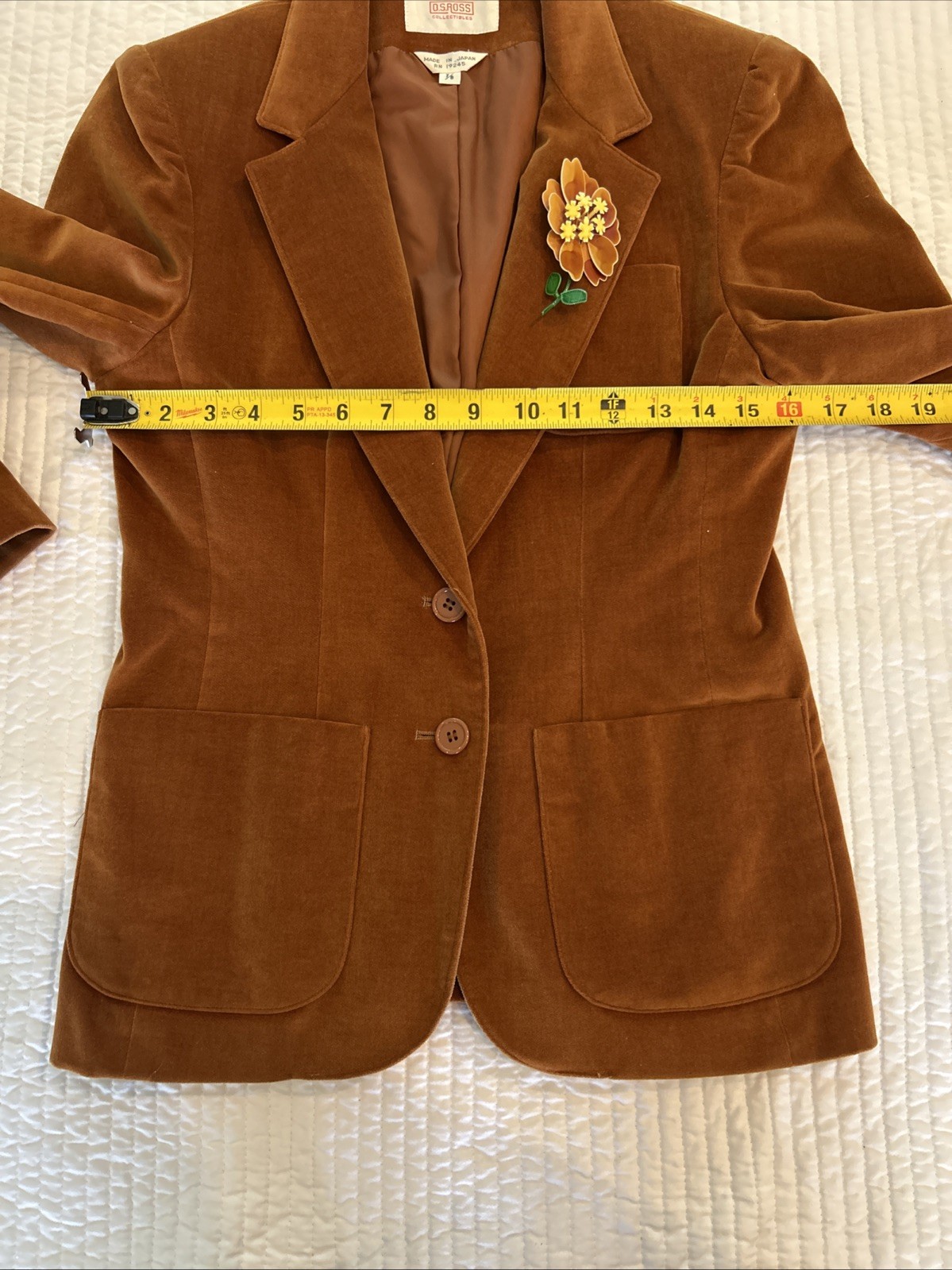 Vintage 80’s Velour Womens Jacket Size 7/8 Floral Broach Tailored Japan