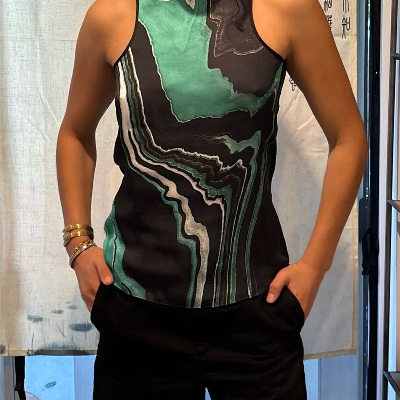 The Kooples Teal and Black Wave Pattern Tank Top Printed Marble