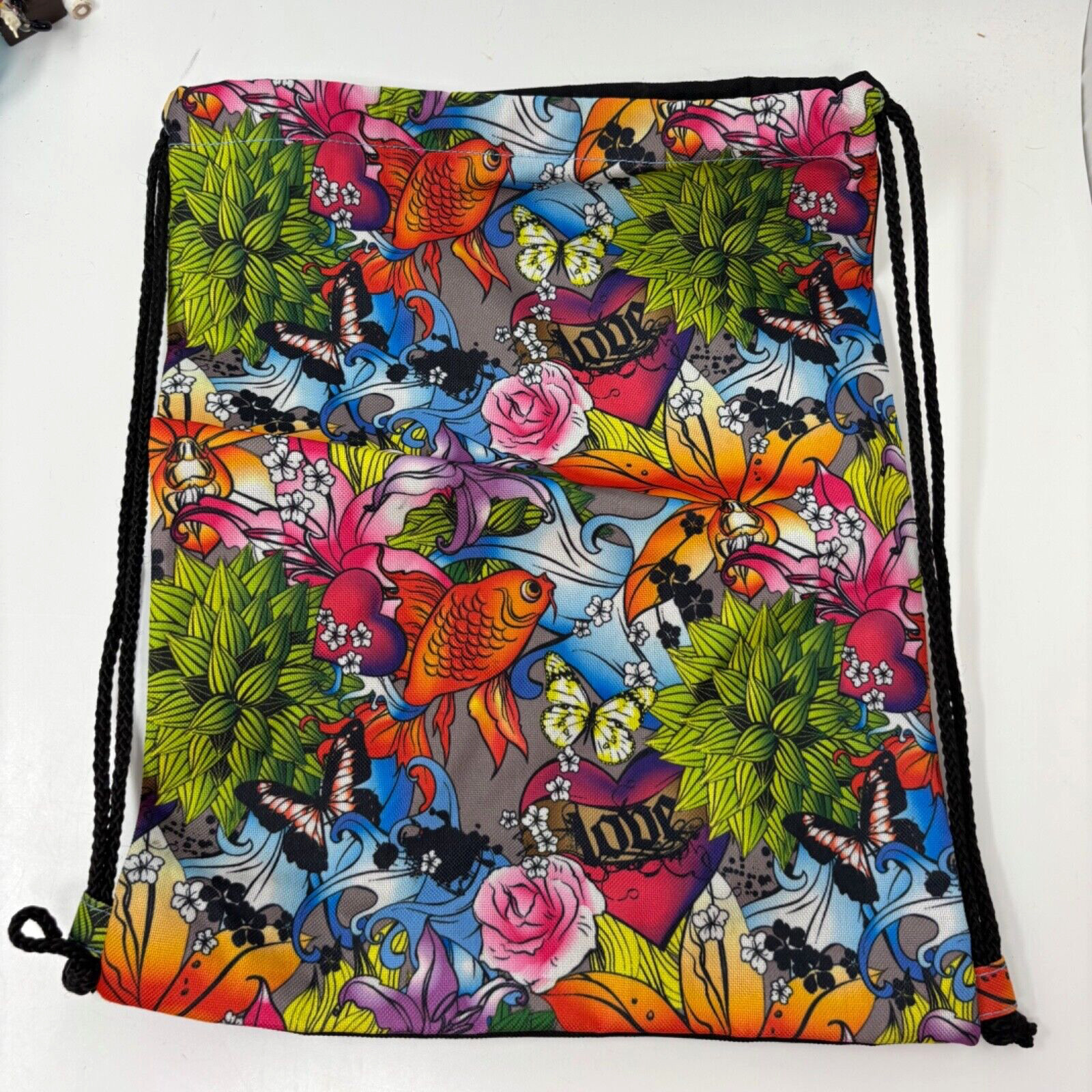 Unbranded Fabric Drawstring Backpack Multi Color Print Floral Fish Butterfly