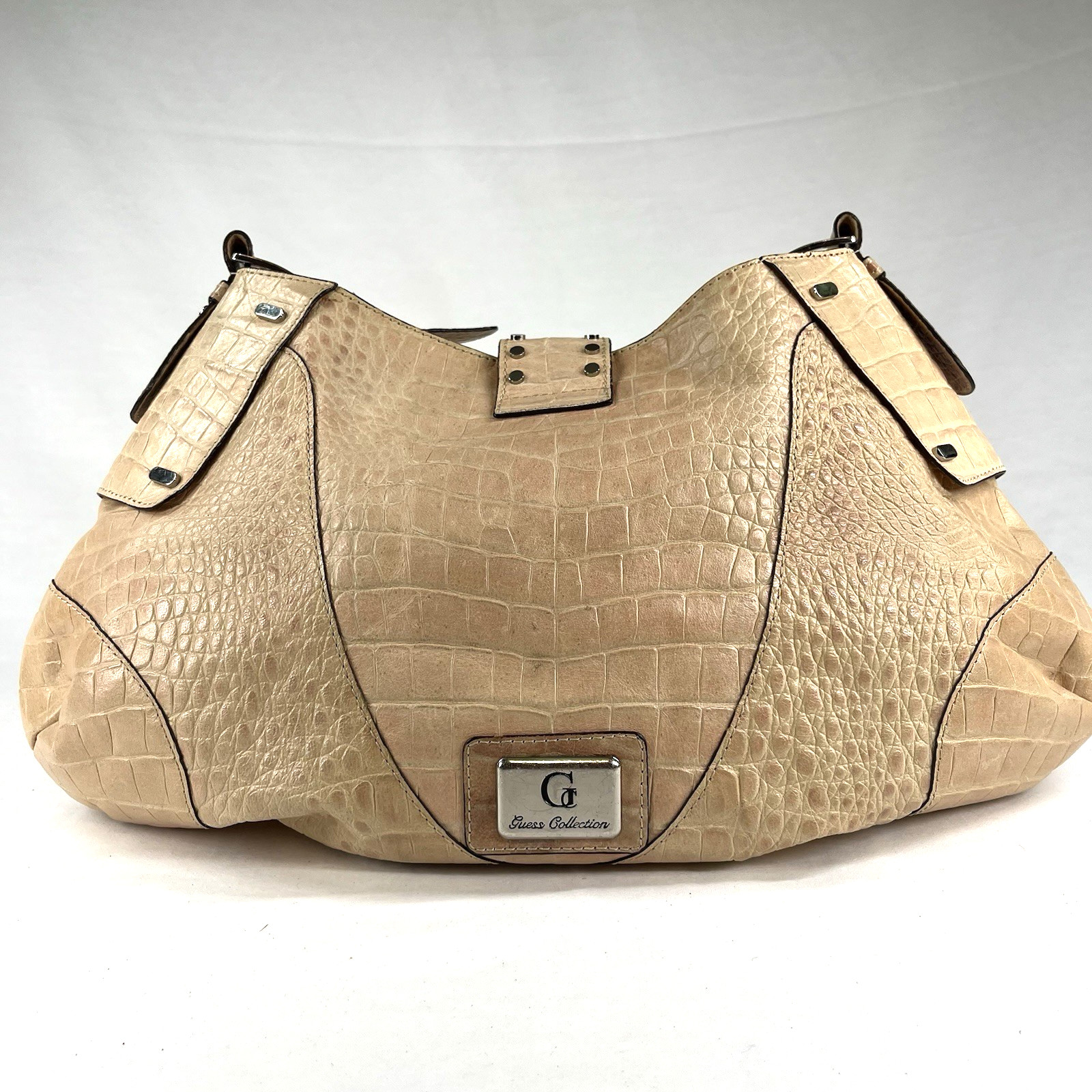 Vintage GUESS Y2K Beige Croc Embossed Logo Hobo Bag Studded Rhinestone Buckle
