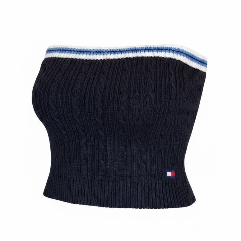 Y2K Tommy Hilfiger Navy Tube Top Womens Cable Knit Cotton Blend EUC L