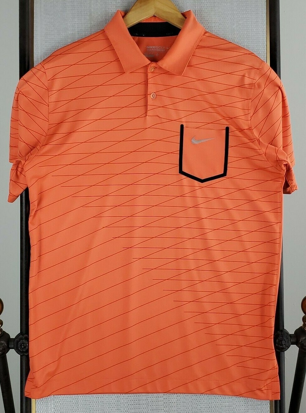 NIKE GOLF Size Medium Orange Pocketed Grid Tour Performance Mens Polo Shirt