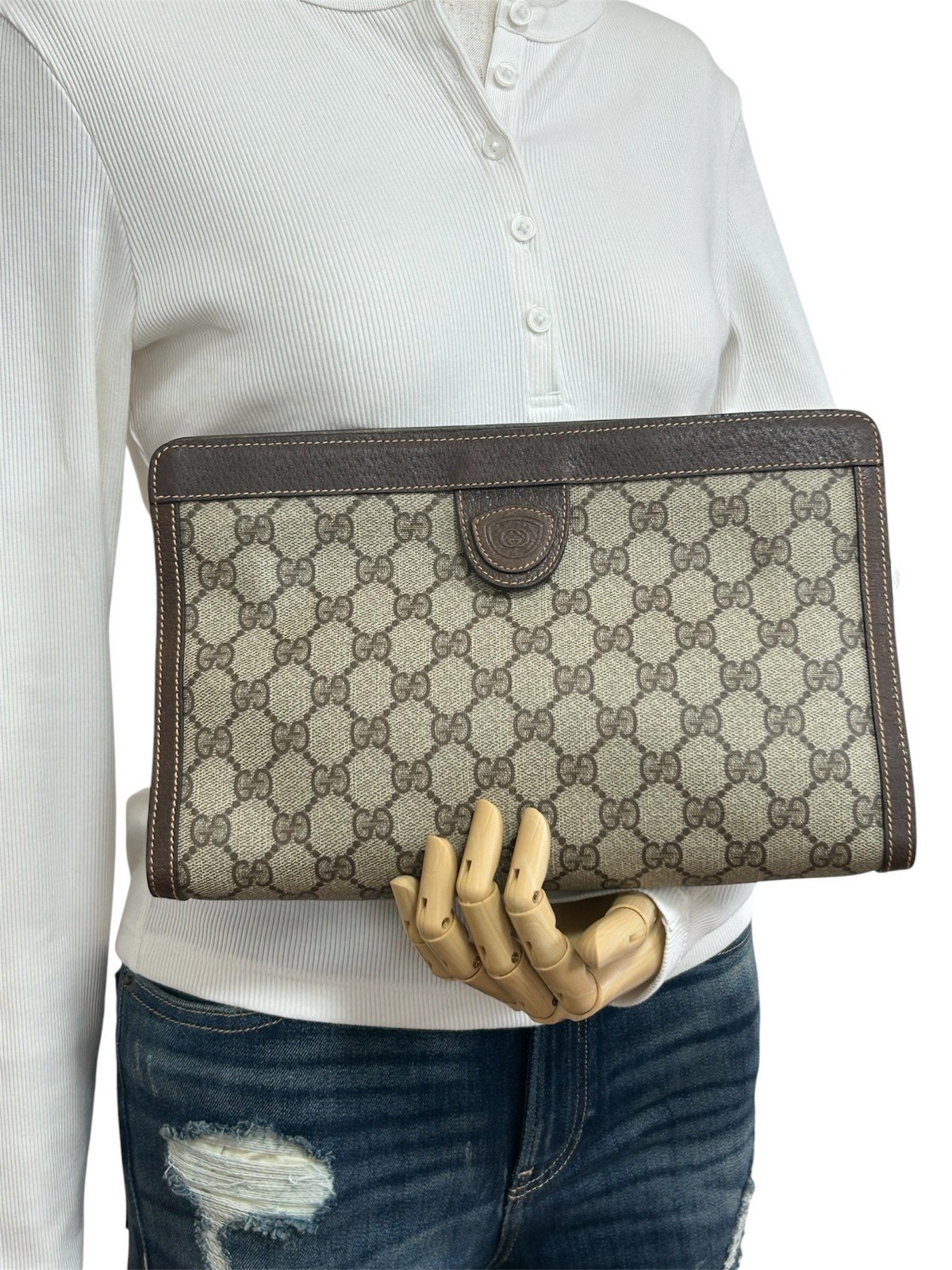 Gucci Clutch Bag GG Supreme Pouch Brown PVC Leather Vintage Authentic