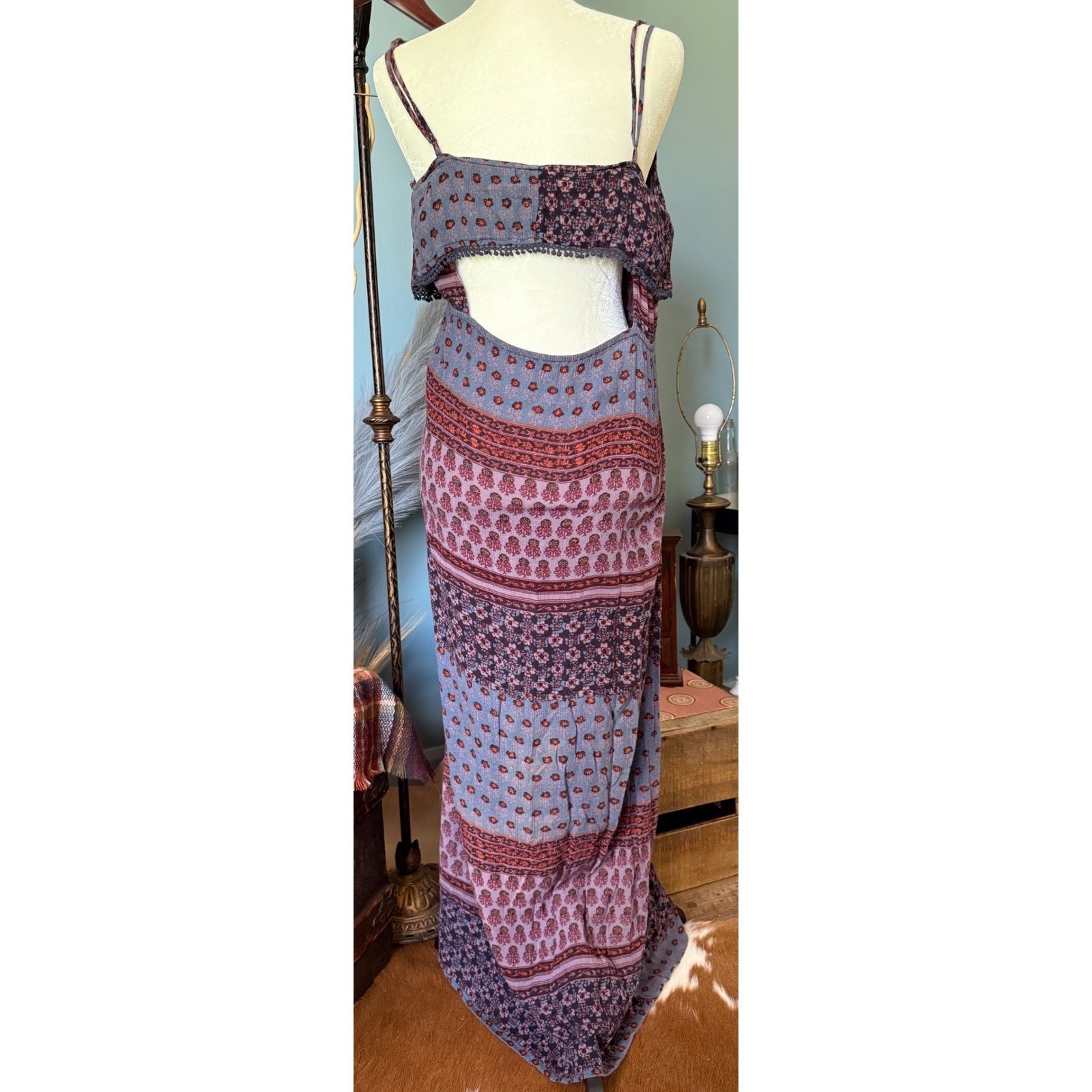 Boho Floral Pom Pom Trim Cutout Back Maxi Dress Purple M