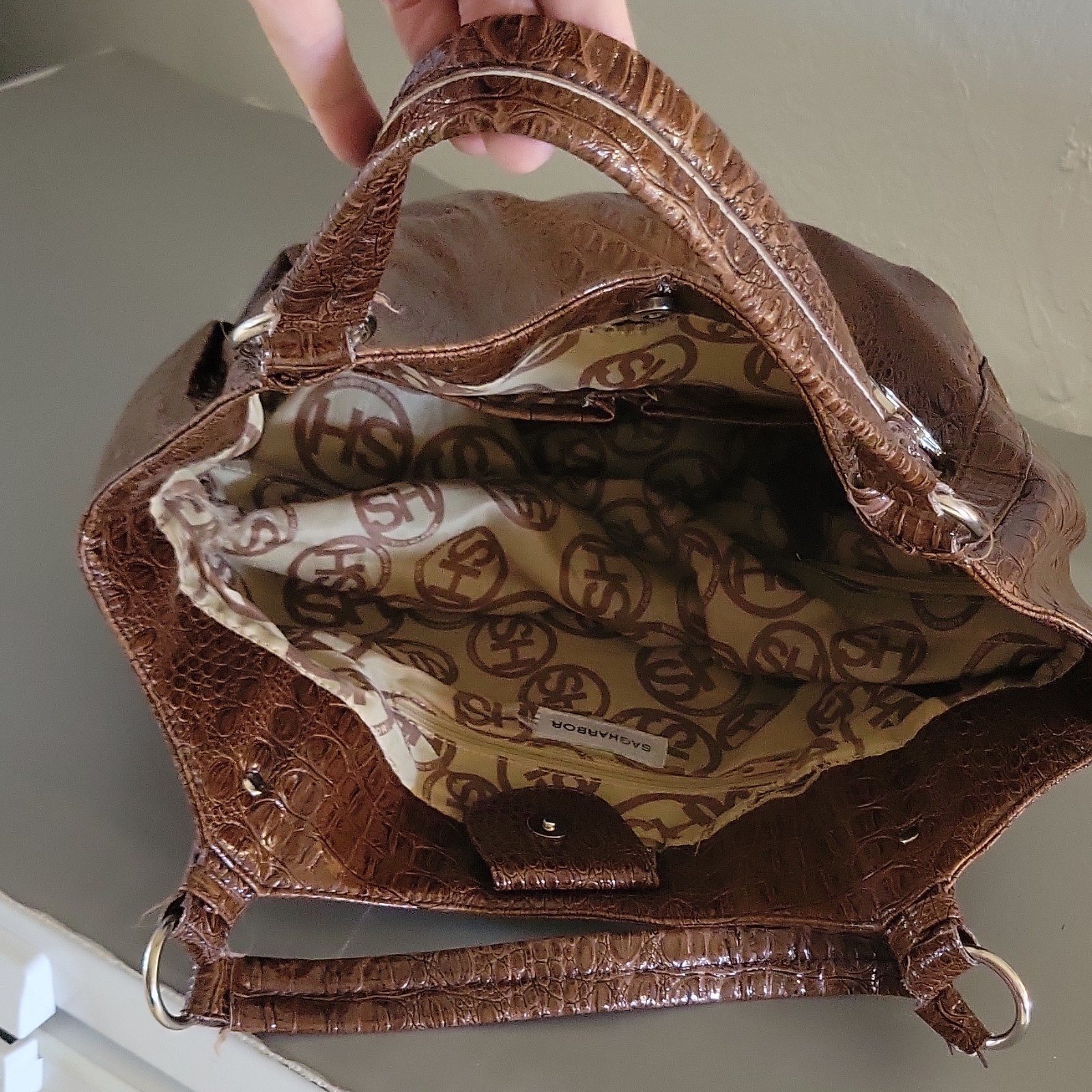 Sag Harbor Brown Croc Embossed Large Shoulder Bag, Snap Closure, Lined Pockets