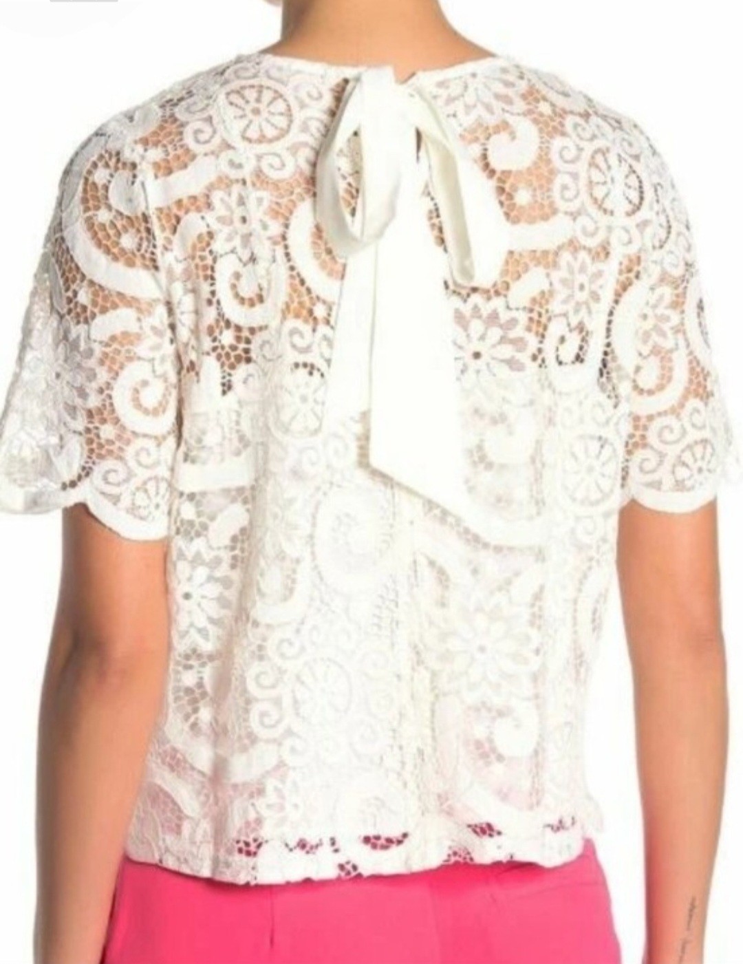 Nanette Lepore Brilliant White Floral Lace Cotton Blend Tie Back Top Size Large