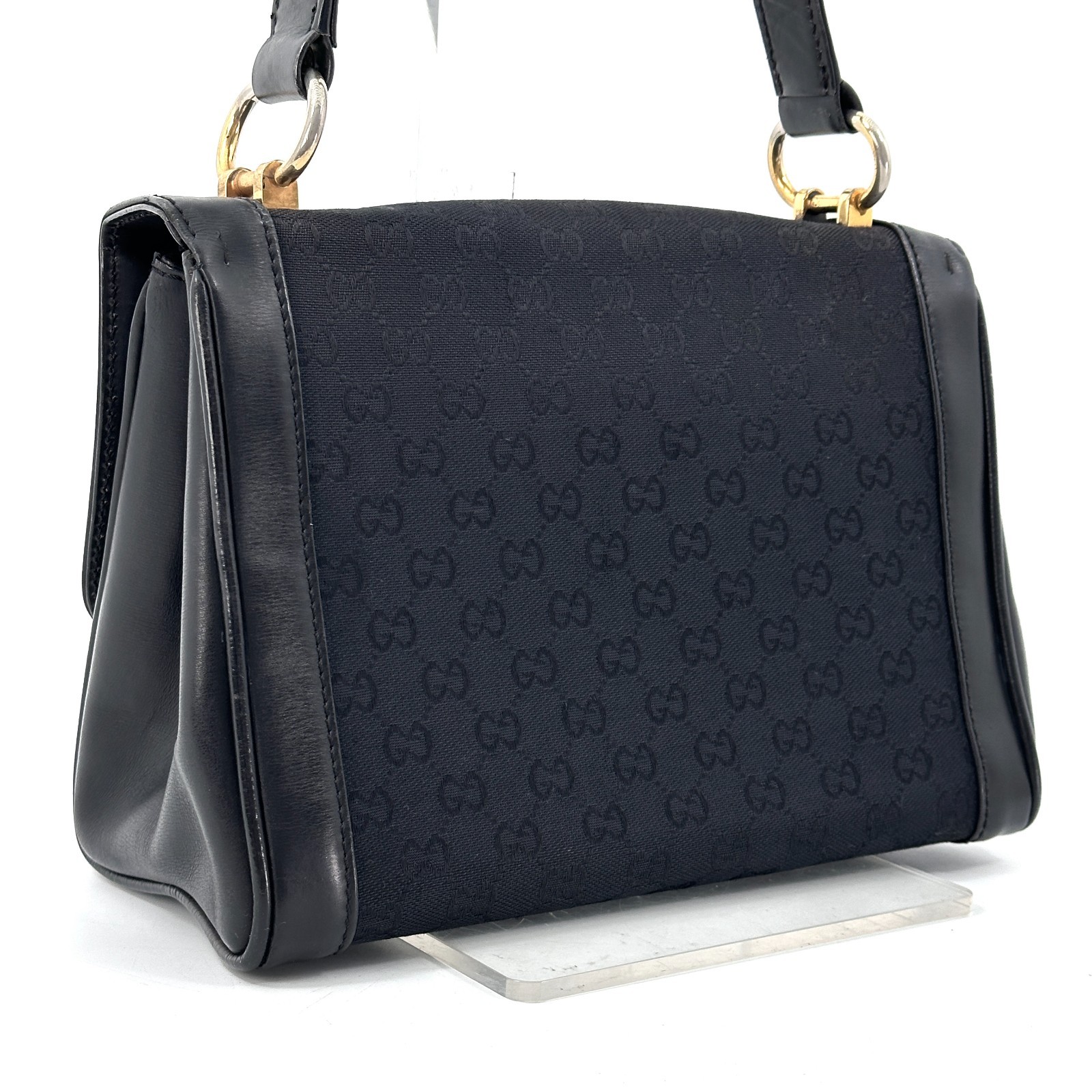 Vintege GUCCI Shoulder Bag GG Horse Bit Black Leather Canvas Auth From Japan