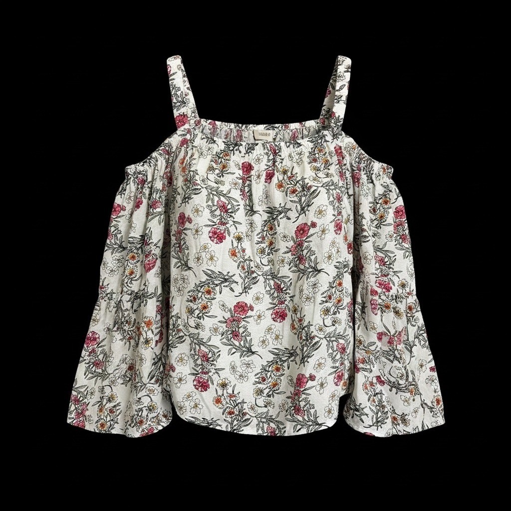 Umgee Cold Shoulder Top Women Medium White New Floral Tiered Bell Sleeve Boho